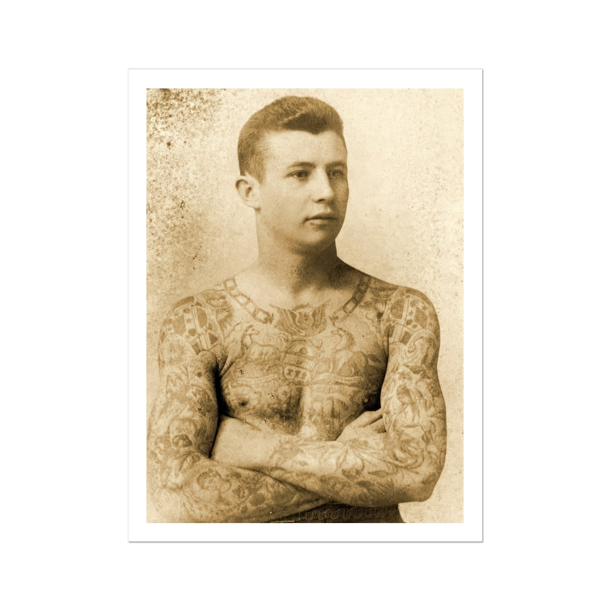 Portrait of a Tattooed Man Charles Eisenmann Art Print, Sepia Toned Studio Portrait Young Heavily Tattooed Man Crossed
