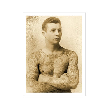 Portrait of a Tattooed Man - Charles Eisenmann Art Print, Sepia-toned Studio Portrait Young Heavily Tattooed Man Crossed