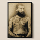 Portrait of Tattooed Man Charles Eisenmann Framed Canvas, Sepia Toned Portrait Heavily Tattooed Bearded Man