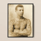 Portrait of a Tattooed Man Charles Eisenmann Framed Canvas, Vintage Sepia Toned Photograph Heavily Tattooed Man Arms Crossed