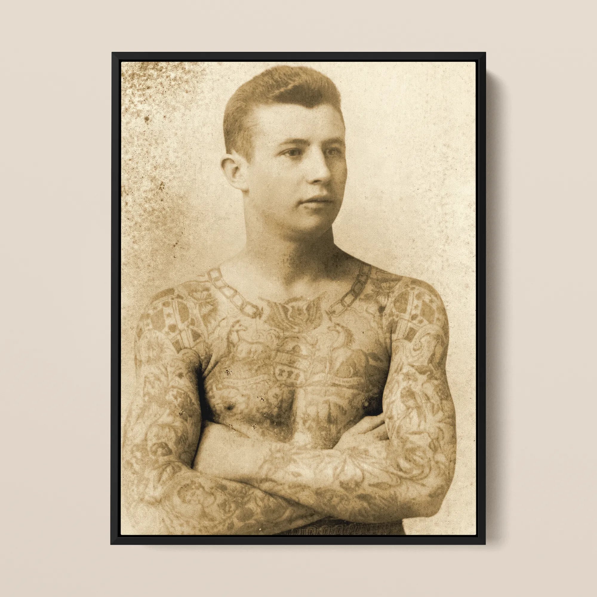 Portrait of a Tattooed Man Charles Eisenmann Framed Canvas, Vintage Sepia Toned Photograph Heavily Tattooed Man Arms Crossed