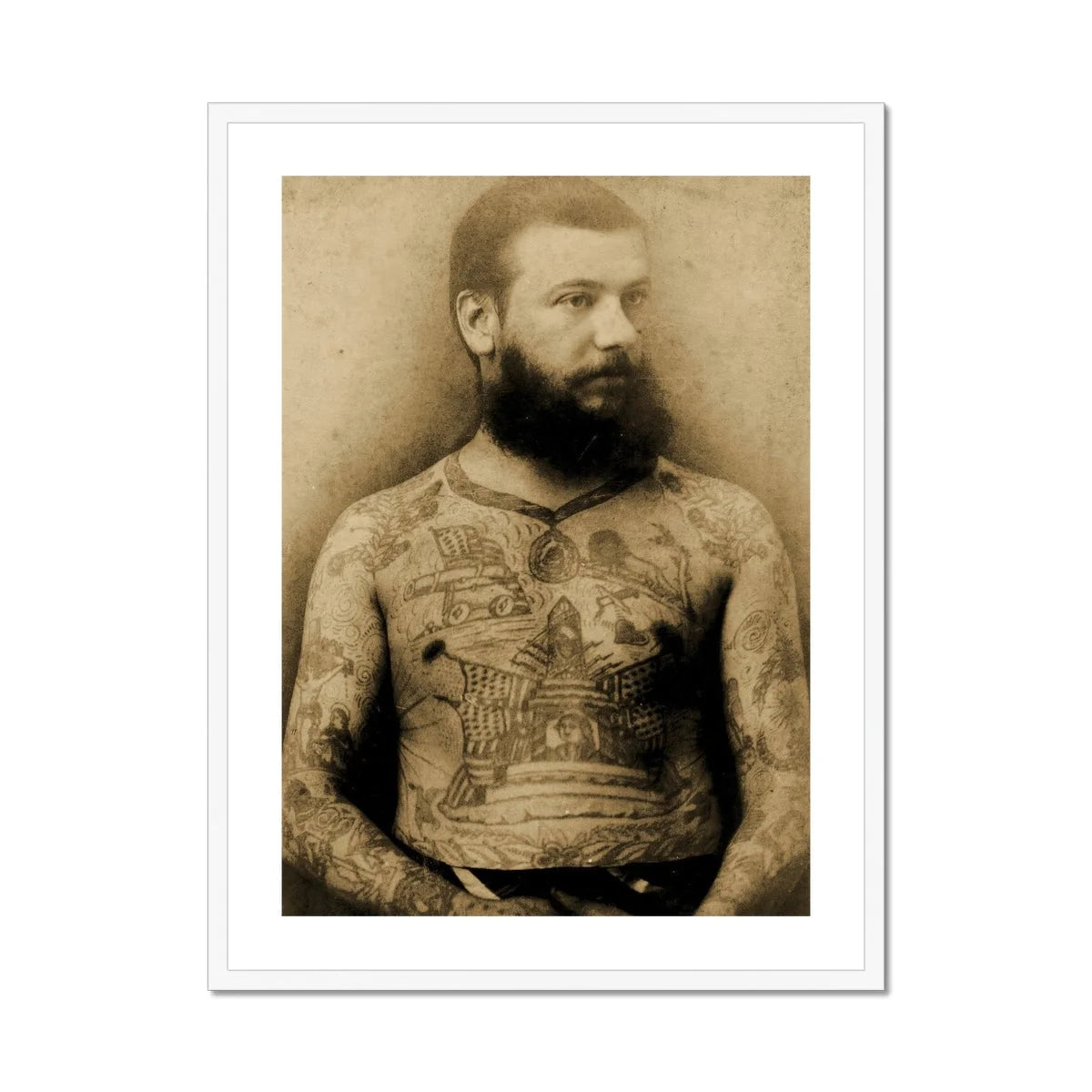 Portrait of Tattooed Man - Charles Eisenmann Art Print, Sepia-toned Portrait Heavily Tattooed Man Beard