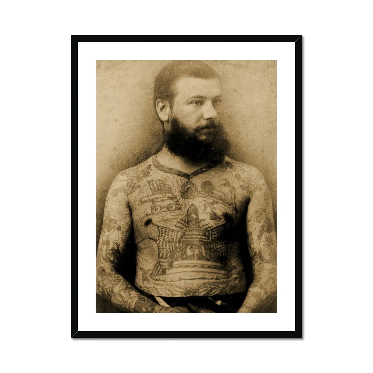 Portrait of Tattooed Man - Charles Eisenmann Art Print, Sepia-toned Portrait Bearded Man Extensive Body Tattoos