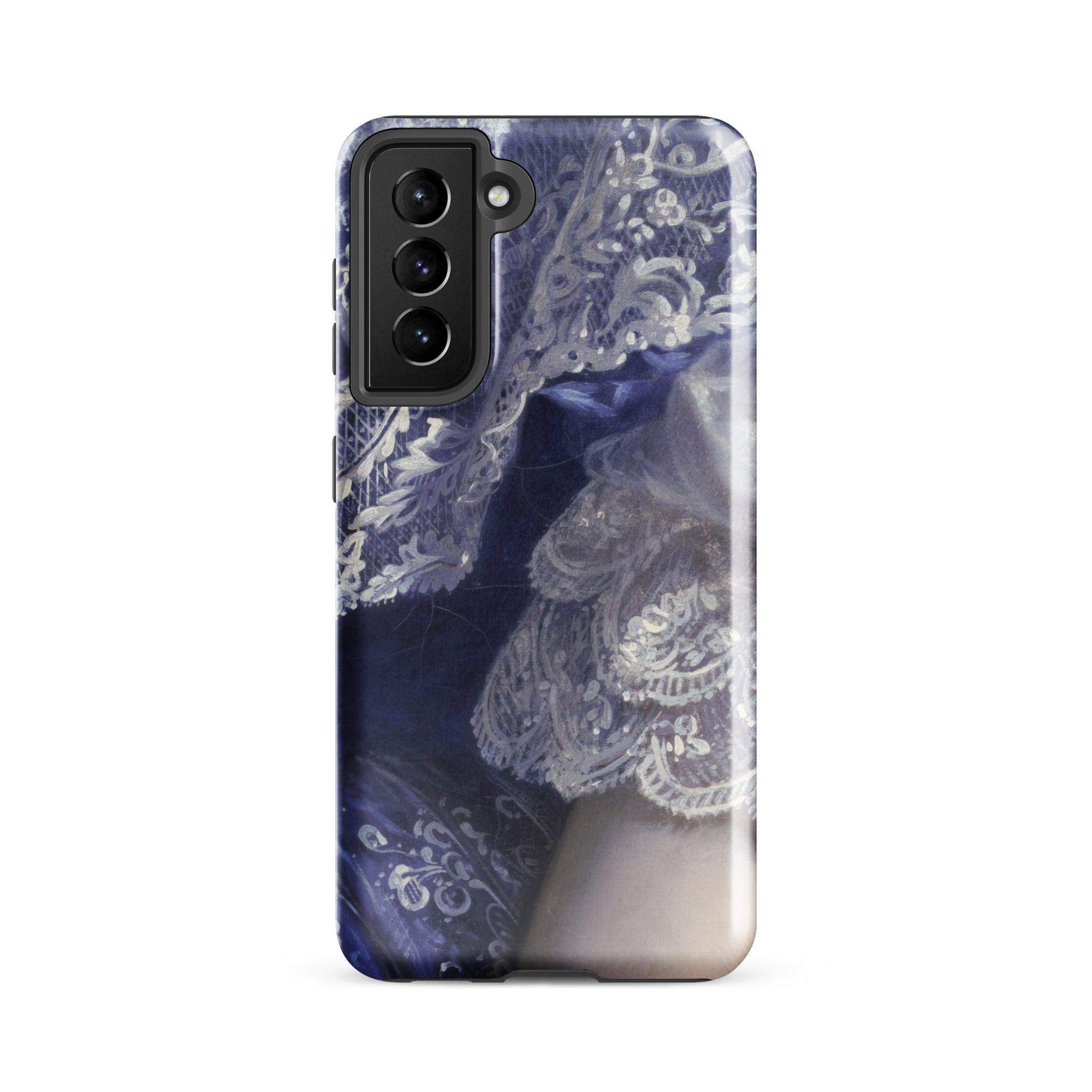 Portrait of a Woman Franz Xaver Winterhalter Samsung Case, Galaxy S21 Fe / Gloss, Phone Case White Lace Pattern Dark Blue Background