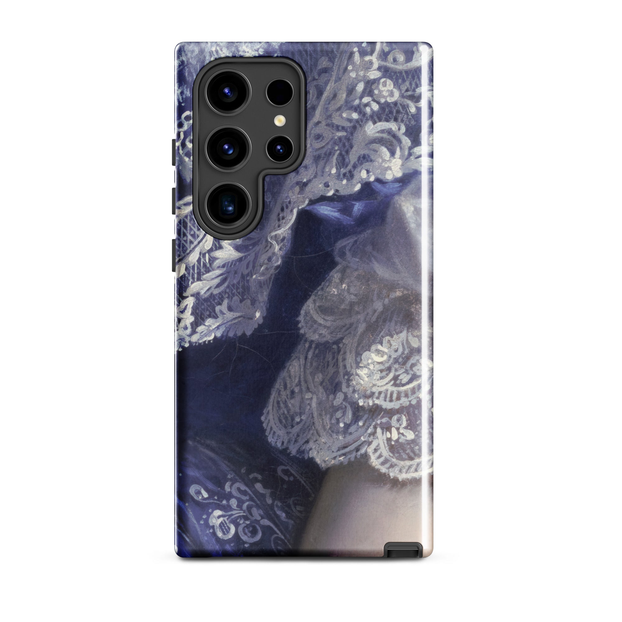 Portrait of a Woman Franz Xaver Winterhalter Samsung Case, Galaxy S24 Ultra / Gloss, Smartphone Case Intricate White Lace Pattern Dark Blue