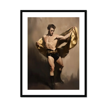 Prancer - Gay Circus Performer Art Print, Shirtless Dancer Black Shorts Boots Poses Dramatically Gold