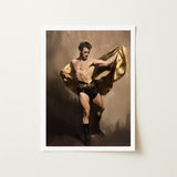 Prancer - Gay Circus Performer Art Print / Canvas Framed Painting Muscular Man Black Shorts Boots Golden, Theatrical Bravado, Redefines