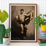 Prancer - Gay Circus Performer Art Print, Framed Sepia Photograph Shirtless Man Shorts Dramatically Fabric
