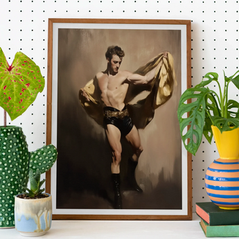 Prancer - Gay Circus Performer Art Print, Framed Sepia Photograph Shirtless Man Shorts Dramatically Fabric