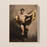 Prancer - Gay Circus Performer Framed Canvas, 12x16’’ / 31x41cm / Natural Floating Frame, Framed Oil Painting Shirtless Man Black Shorts