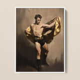 Prancer - Gay Circus Performer Framed Canvas, 12x16’’ / 31x41cm / White Floating Frame, Framed Painting Shirtless Man Black Shorts Boots