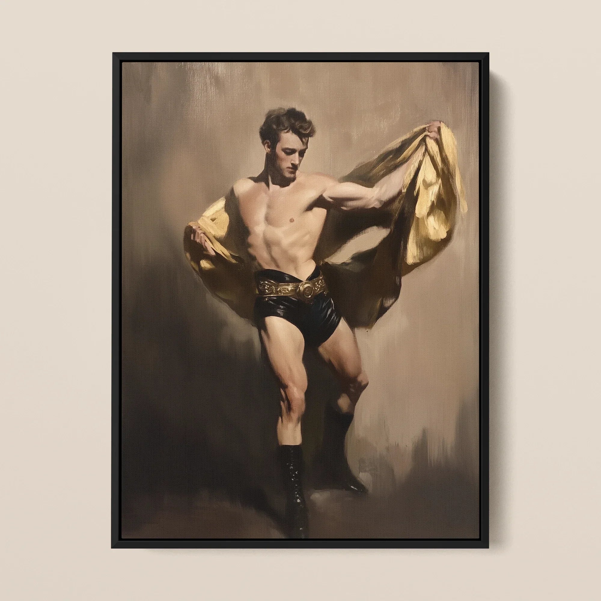 Prancer - Gay Circus Performer Framed Canvas, Framed Painting Muscular Man Cape