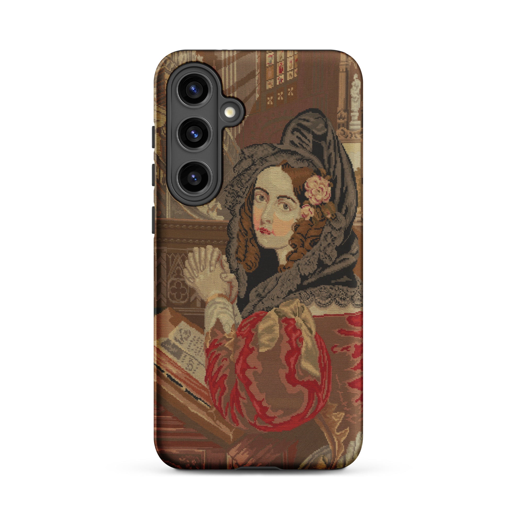Prayer Break Gothic Revival Embroidered Samsung Case, Galaxy S24 Plus / Matte, Brown Smartphone Case Vintage Portrait Woman Book