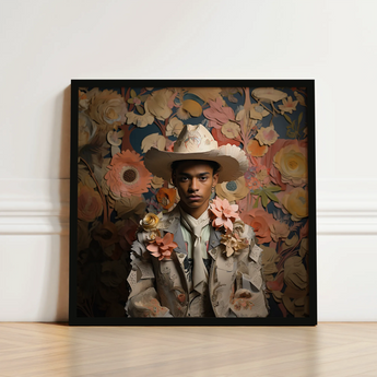 Framed Portrait Person Ornate Light-colored Cowboy Hat Jacket Dandy Gay, Afroamerican Twunk Outlaw’s, Spirit’s Queer