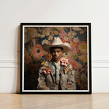 Framed Portrait Person Ornate Light-colored Cowboy Hat Jacket Dandy Gay, Afroamerican Twunk Outlaw’s, Spirit’s Queer
