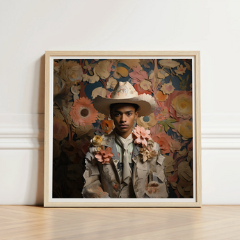 Framed Portrait Person Ornate Light-colored Cowboy Hat Jacket Dandy Gay, Afroamerican Twunk Outlaw’s, Spirit’s Queer