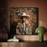 Presley - Gay Black Twunk Cowboy Art Print / Canvas Framed Portrait Man Ornate White Hat Floral-embellished Jacket Dandy Gay Cowboy,