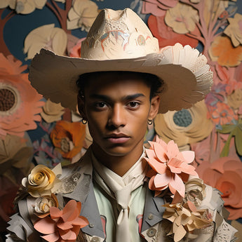 Presley - Gay Black Twunk Cowboy Art Print / Canvas Cowboy Hat Floral Pattern Wide Brim Cream-colored Leather Dandy Gay Cowboy,