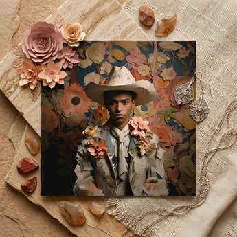Presley - Gay Black Twunk Cowboy Art Print / Canvas Square Photograph Person Off-white Cowboy Hat Jacket Adorned Dandy Gay Cowboy,