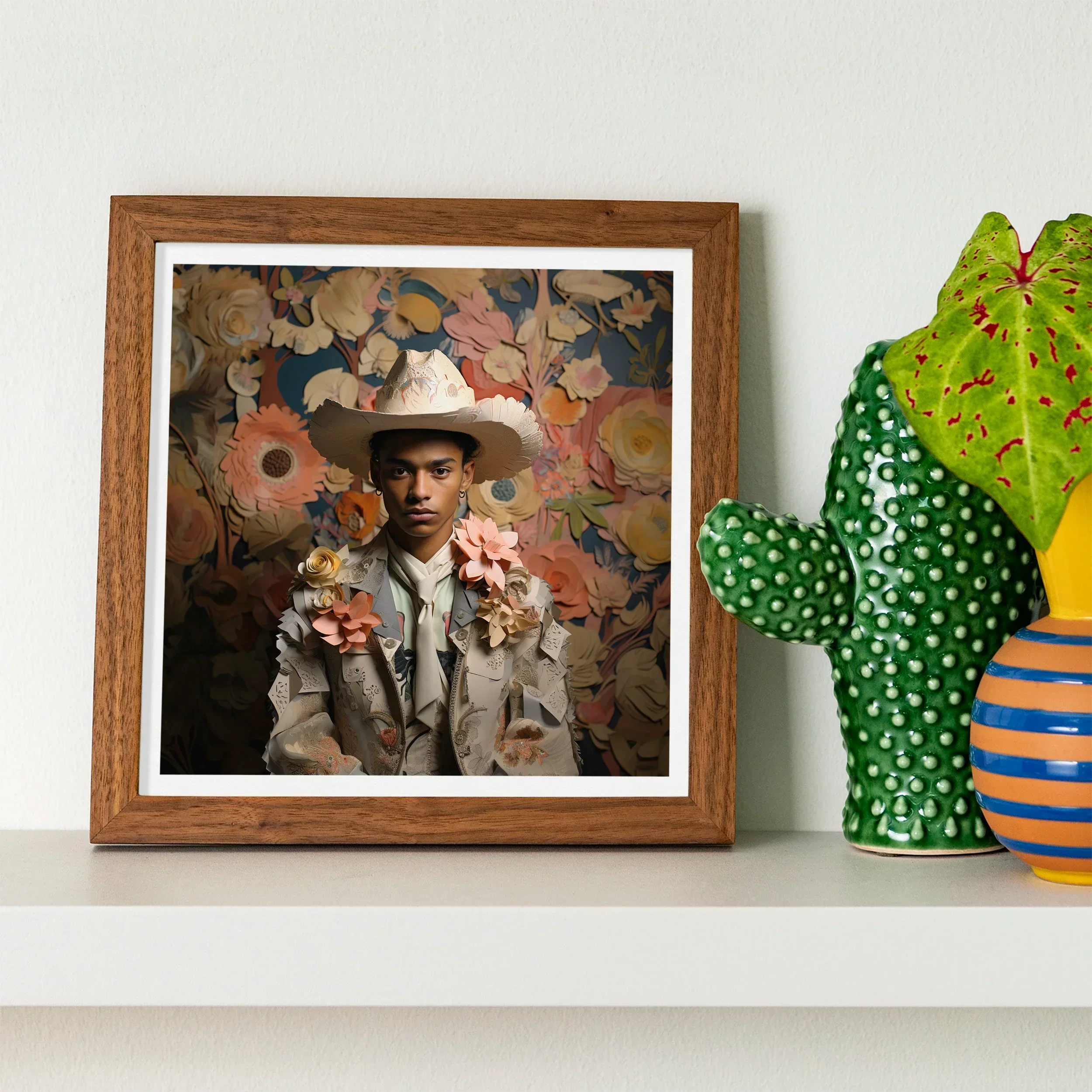 Presley - Gay Black Twunk Cowboy Art Print, Framed Artistic Portrait Floral Elements Cowboy Hat Decorative