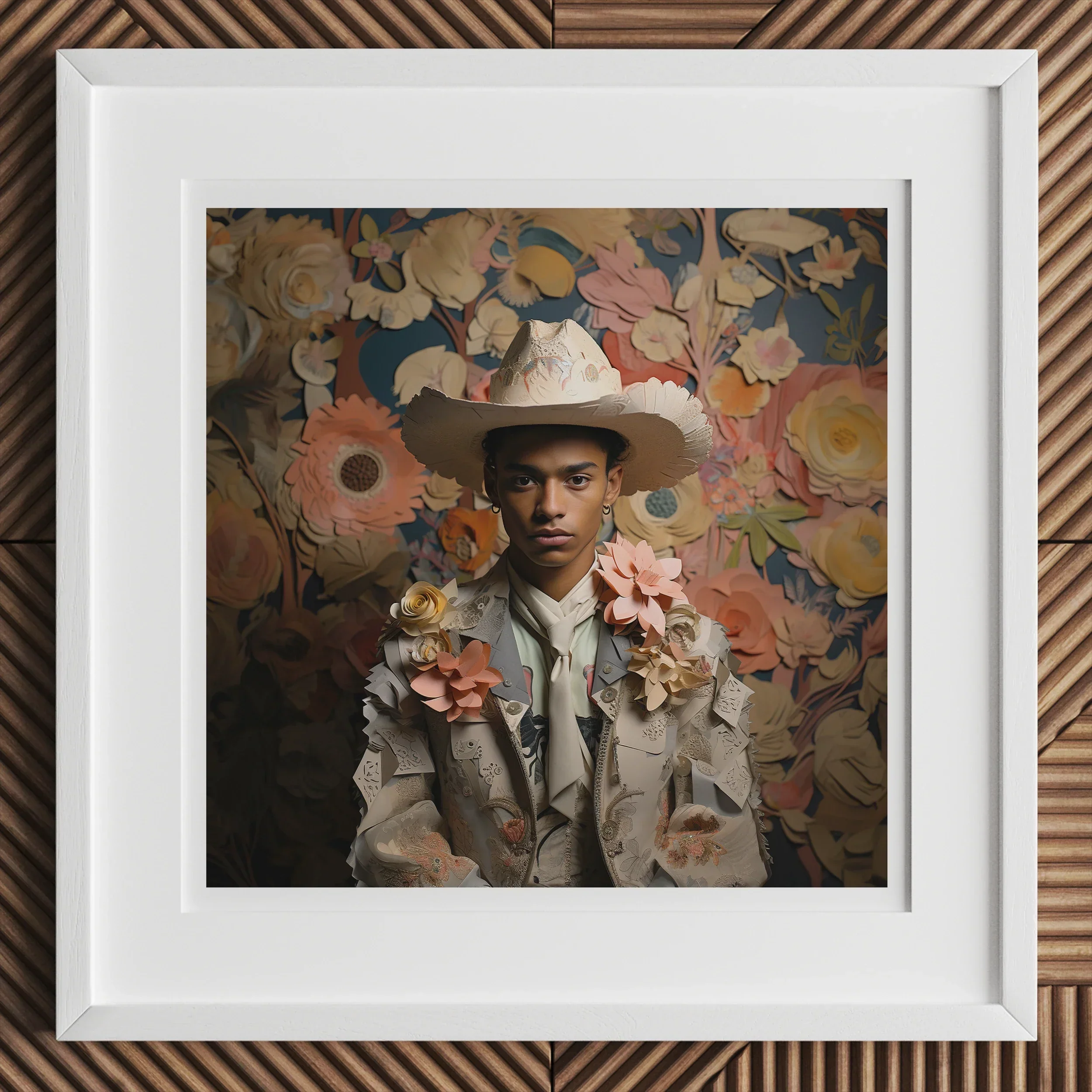 Presley - Gay Black Twunk Cowboy Art Print, Framed Artistic Portrait Photograph Floral Elements Brown Hat