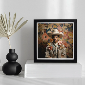 Presley - Gay Black Twunk Cowboy Art Print, Framed Portrait Photograph Floral Elements Patterned Backdrop