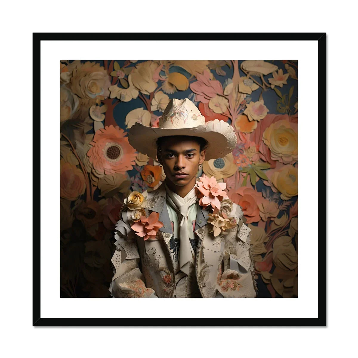 Presley - Gay Black Twunk Cowboy Art Print, Person Light-colored Suit Jacket White Cowboy Hat Floral