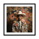Presley - Gay Black Twunk Cowboy Art Print, Person Light-colored Suit Jacket White Cowboy Hat Floral