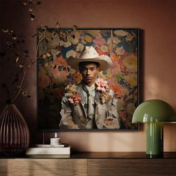 Presley - Gay Black Twunk Cowboy Framed Canvas, Floral-themed Portrait Art