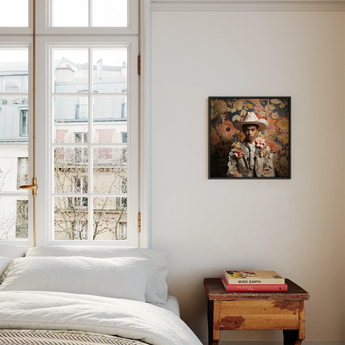 Presley - Gay Black Twunk Cowboy Framed Canvas, Framed Portrait Man Floral Accents