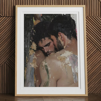 Pressed - Erotic Gay Couple Art Print, 12x16’’ / 31x41cm / Natural Frame / 2’’ Matboard, Framed Abstract Painting Two Men