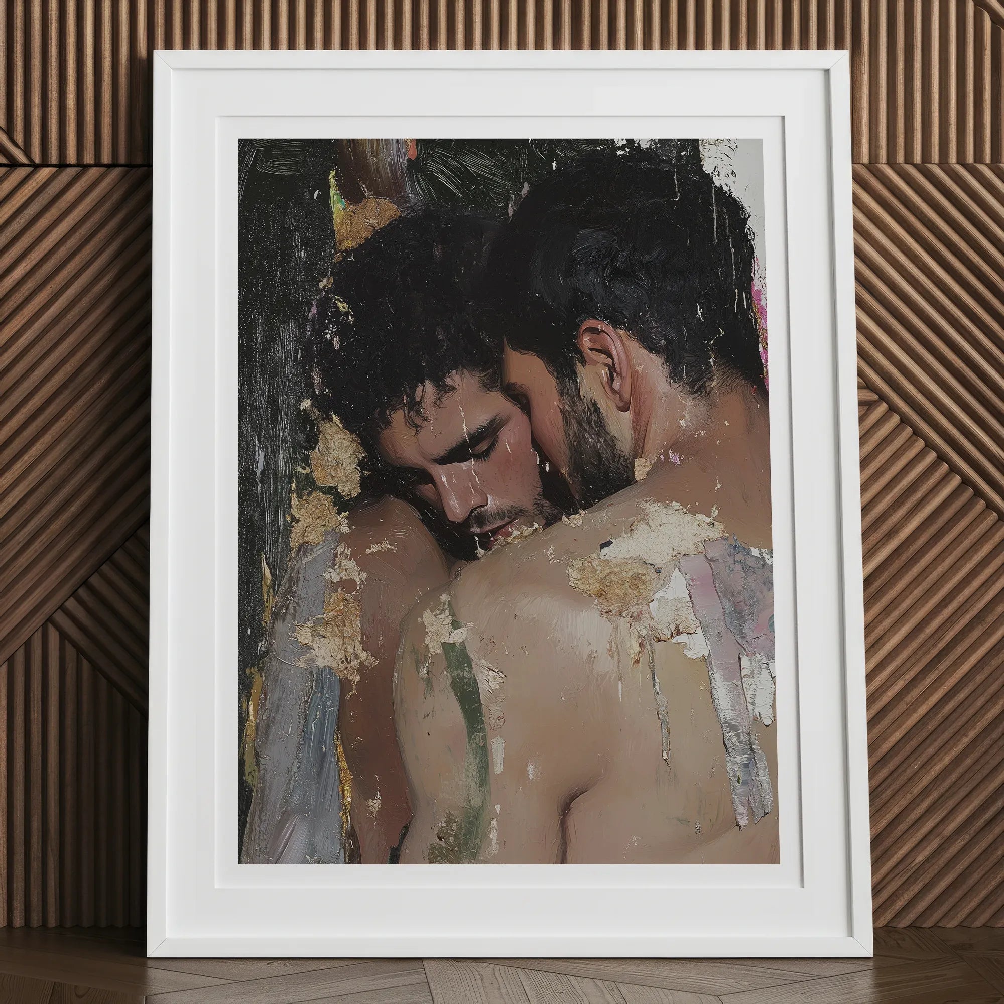 Pressed - Erotic Gay Couple Art Print, 12x16’’ / 31x41cm / White Frame / 2’’ Matboard, Framed Oil Painting Two Men