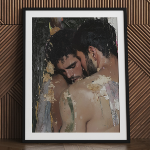 Impressionistic painting of gay couple, black framed art print