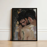 Black-framed Artwork Two Men Intimate Embrace Rendered Textured Erotic Gay Couple, Art Print