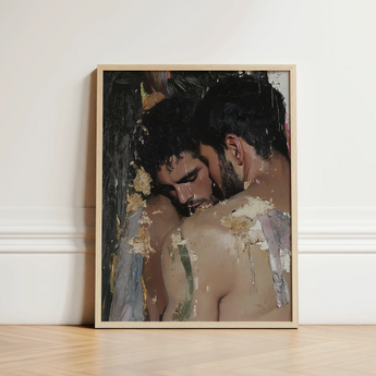 Framed Painting Two Men Intimate Embrace Rendered Impasto Erotic Gay Couple, Art Print