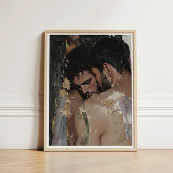 Framed Painting Two Men Intimate Embrace Rendered Textured Erotic Gay Couple, Art Print