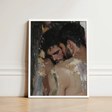 Framed Painting Two Men Intimate Embrace Rendered Textured Erotic Gay Couple, Art Print