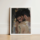 White-framed Artwork Two Men Intimate Embrace Rendered Textured Erotic Gay Couple, Art Print