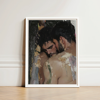 White-framed Artwork Two Men Intimate Embrace Rendered Textured Erotic Gay Couple, Art Print
