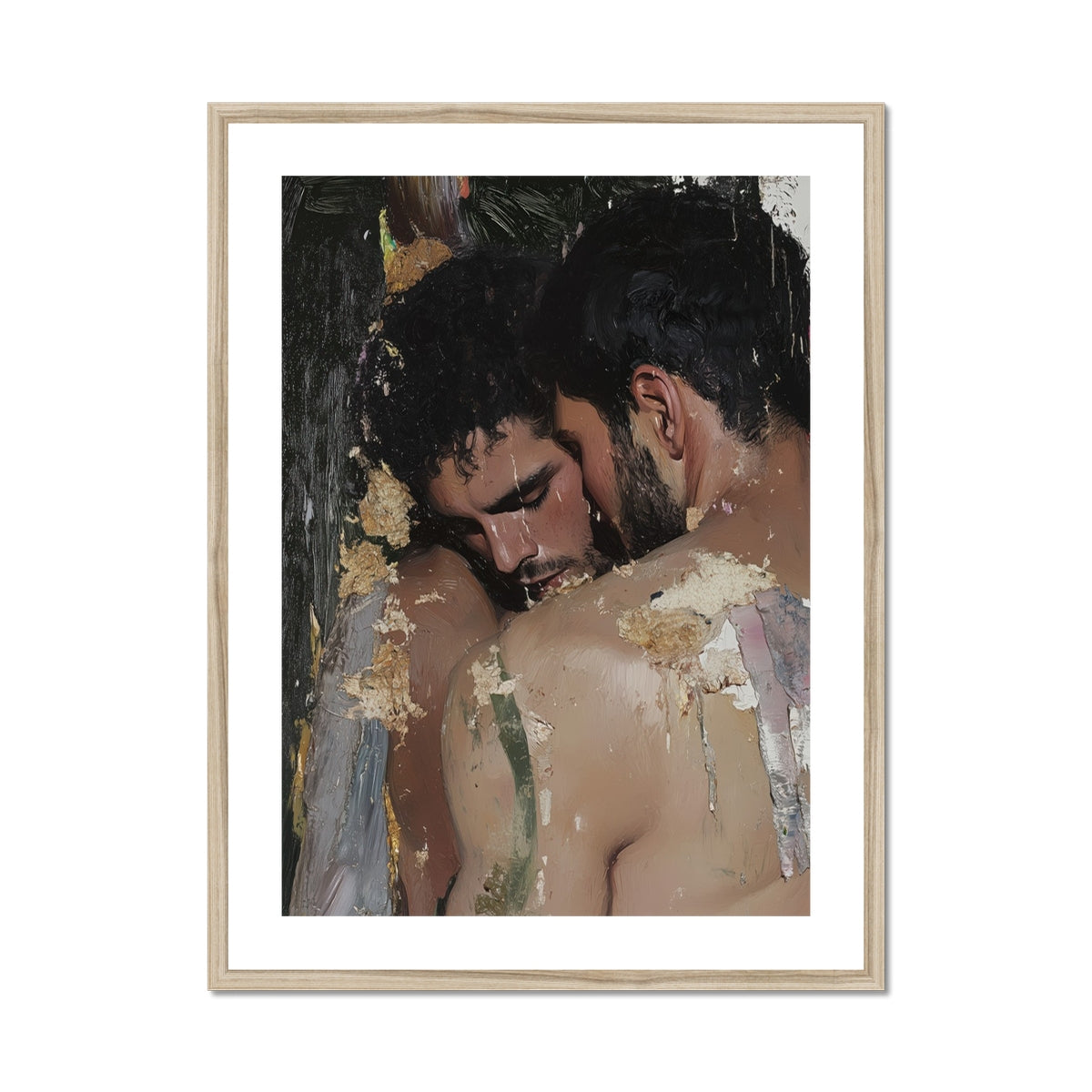 Pressed Erotic Gay Couple Art Print, Framed Oil Painting Two Men