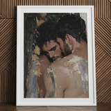 Art print of intimate gay couple embracing.