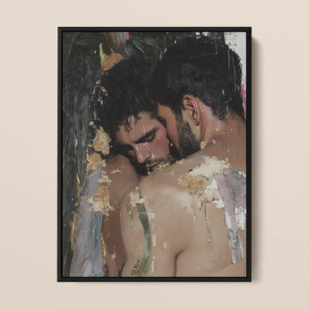 Pressed - Erotic Gay Lovers Framed Canvas, 12x16’’ / 31x41cm / Black Floating Frame, Framed Painting Two Men