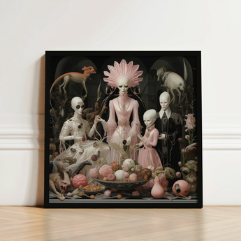 Framed Surrealist Artwork Pale Skeletal Figures Ornate Attire Grand High Ghoul’s Nuptial Feast