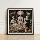 Framed Surrealist Artwork Pale Skeletal Figures Ornate Pink Grand High Ghoul’s Nuptial Feast