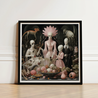 Framed Surrealist Artwork Pale Skeletal Figures Ornate Pink Grand High Ghoul’s Nuptial Feast