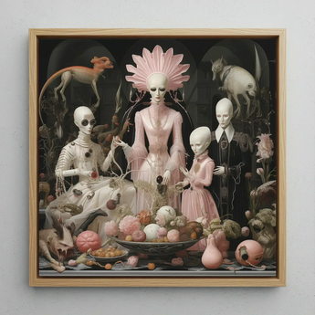 Pretty in Pink - Lowbrow Queer Horror Art Print / Canvas Framed Painting Alien Family Surreal Darkly Lit Scene Grand High Ghoul’s Nuptial