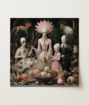 Surreal Square-framed Painting Central Figure Pale Pink Attire Grand High Ghoul’s Nuptial Feast