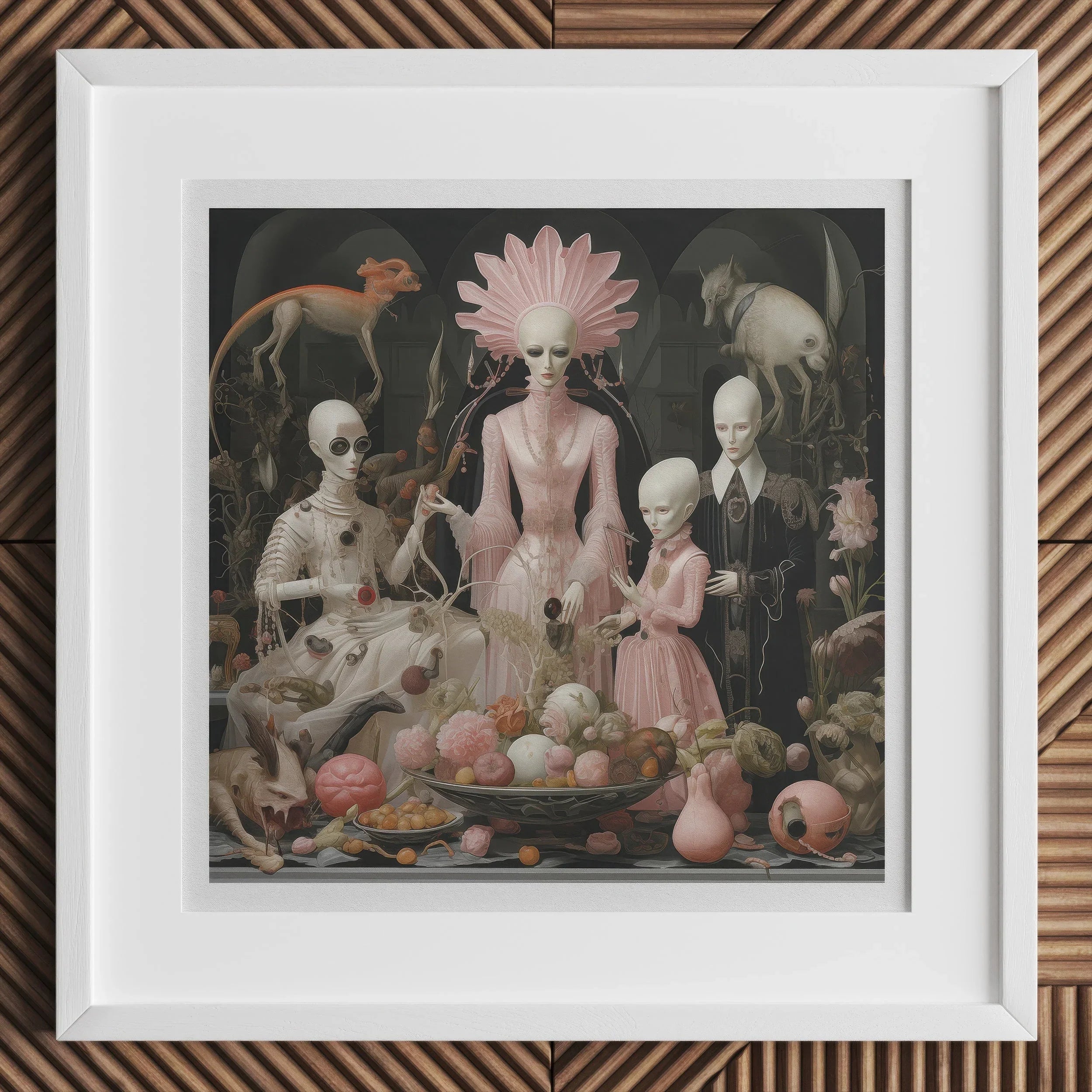 Pretty in Pink Lowbrow Queer Horror Art Print, Surreal Framed Artwork Pale Humanoid Figures Surrounded Animals