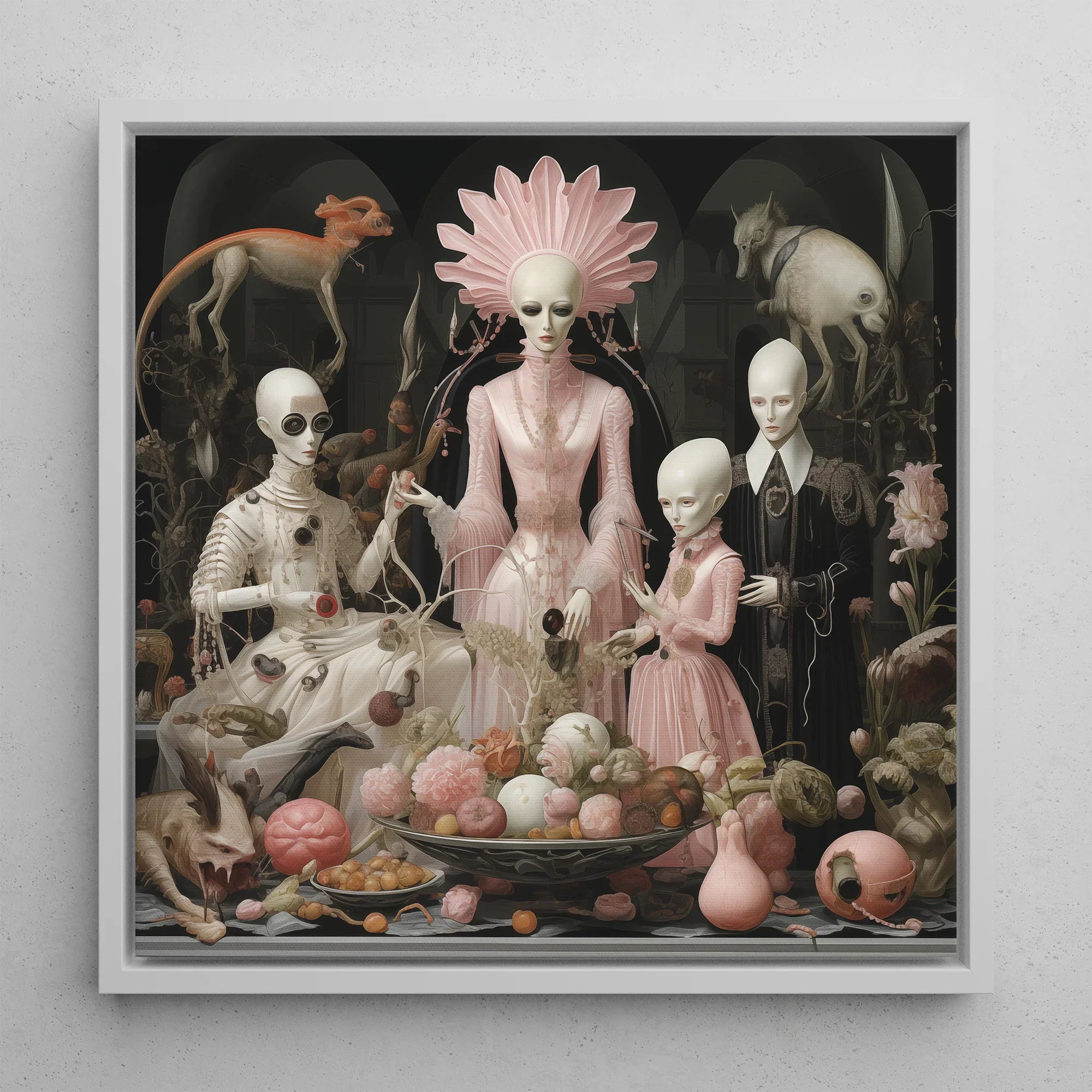 Pretty in Pink Lowbrow Queer Horror Framed Canvas, 12x12’’ / 31x31cm / White Floating Frame, Surreal Alien Family Portrait