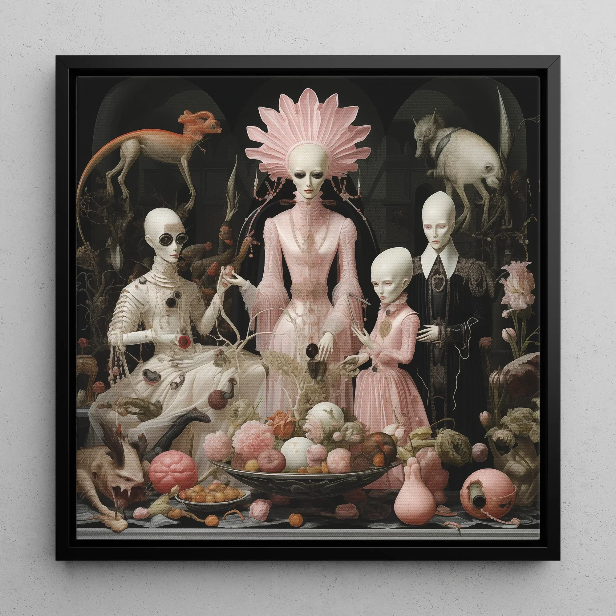Pretty in Pink - Lowbrow Queer Horror Framed Canvas, 12’’x12’’ / Black Floating Frame, Surreal Alien Family Portrait